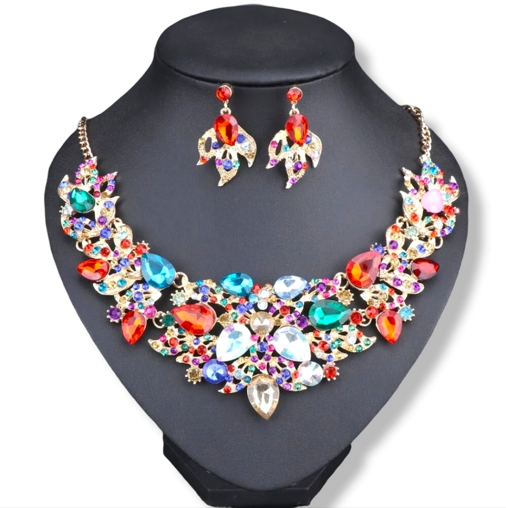 18K gold plated multi color rainbow crystal Necklace earrings set
